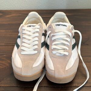 Tretorn White and Tan Sneakers with Green Stripe